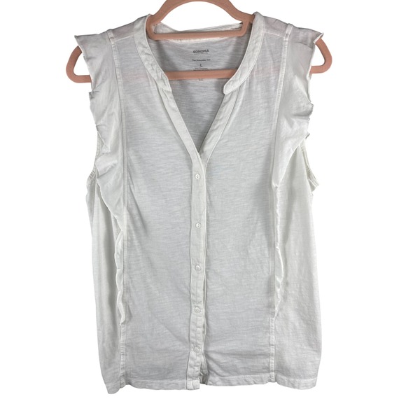 Sonoma Goods For Life Tops - Sonoma Women Top L White Sleeveless Button Front Ruffle Slub Knit Everyday Tee